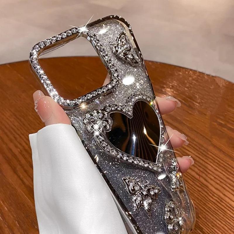 Hjerte Sminkespeil Deksel For iPhone 16 Pro Max 15 Plus Plating Sommerfugl Deksel For iPhone 14 Pro 13 12 11 Glitter Diamant Deksel