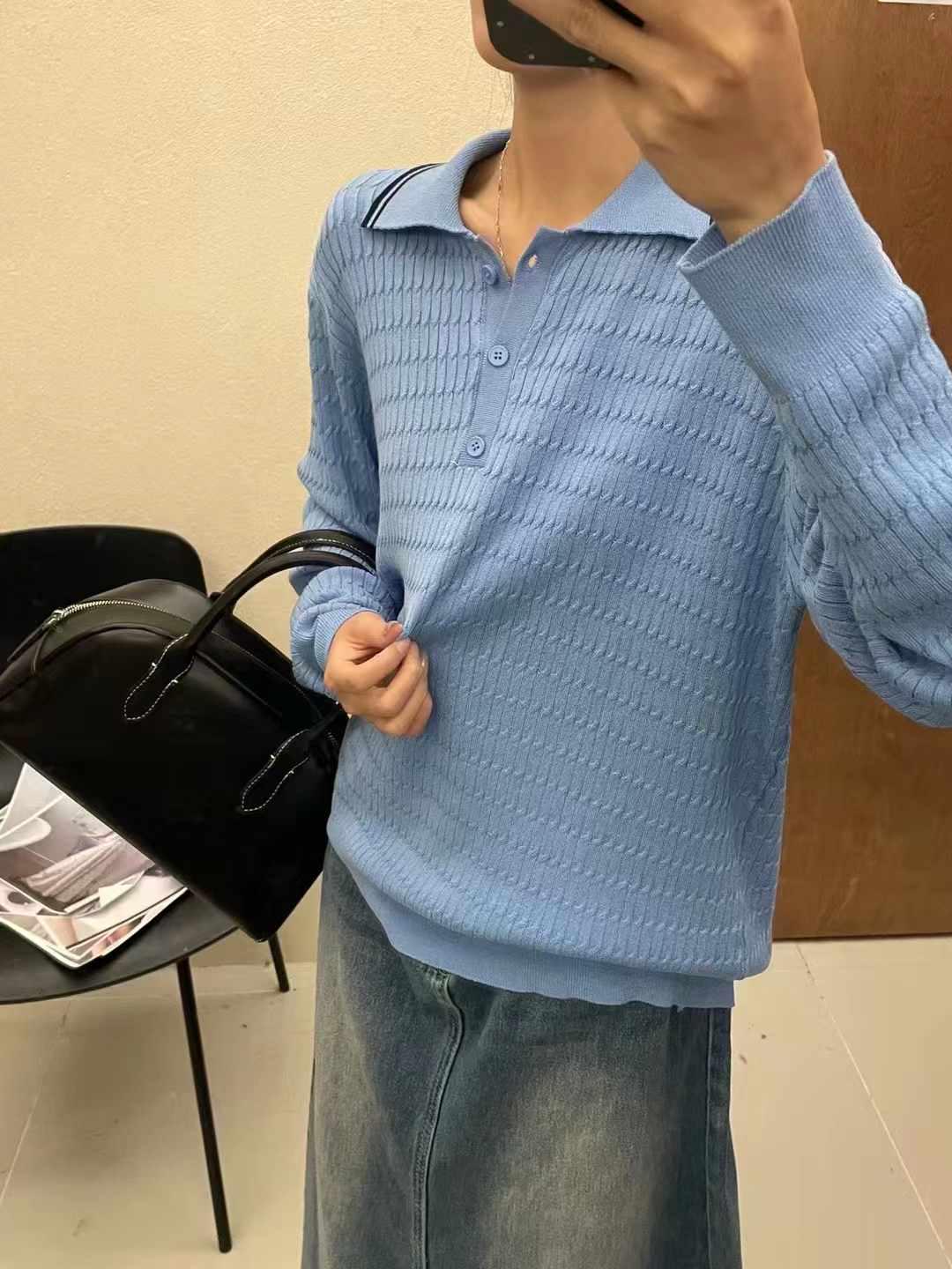 

Da7 Женский весенний трикотажный топ большого размера в стиле кэжуал с воротником поло One Size светло-синий