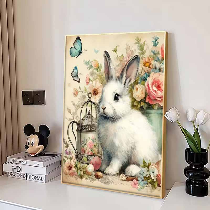 Flowers and Rabbit Full Diamond Painting Set, 5D Colorful Round Gemstone DIY Cross Stitch Decoration Home Wall Mural