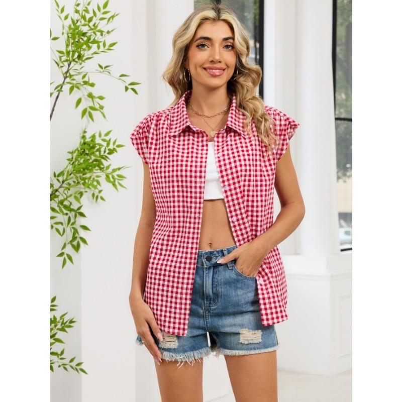 

Women Plaid Print Lapel Collar Ruffled Cap Sleeve Button Down Slim Casual Shirt S красный