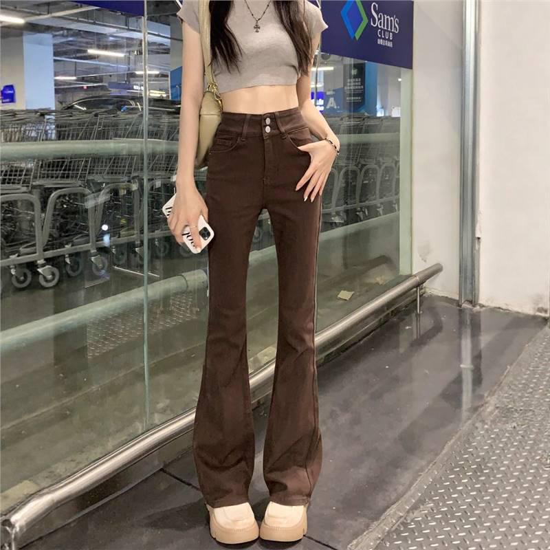 2025 Brown High-Waisted Slimming Micro-Flare Jeans for Women - Autumn Coffee-Colored Floor-Length Bell Bottoms