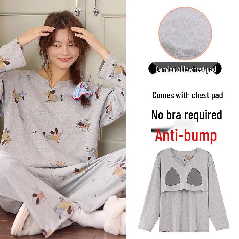 Piżama damska z długim rękawem i nadrukiem w kreskówkowe wzory, z wkładką na klatkę piersiową – uroczy komplet z okrągłym dekoltem do noszenia w domu lub na okrycia wierzchnie wiosną, jesienią i zimą