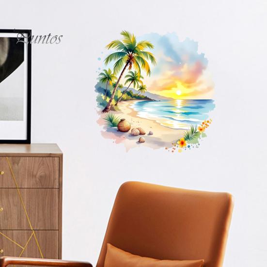 Adesivo per Vetro Autoadesivo Tramonto Palma Costa Marina Decorazione Murale, Adesivo Paesaggio Spiaggia Estiva Acquerello, Decalcomania Rotonda Arte Cocco Tropicale