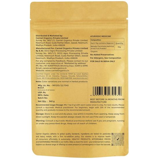 CARMEL ORGANICS Baheda Fruit Powder (340 Grams) (Pack of 1)| Jaivik Bharat Certified| Tanni/Taani/Tadimma | Non GMO | No Added Preservative