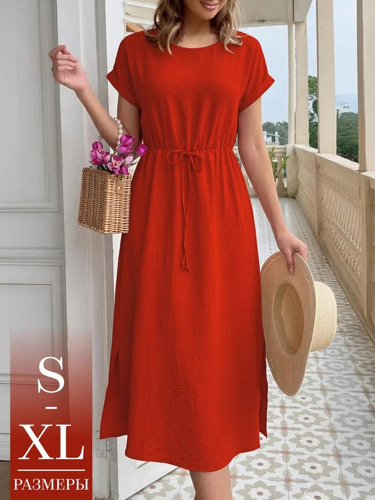 women's crinkle textured round neck drawstring waist short sleeve side split midi sundress summer casual beach dress