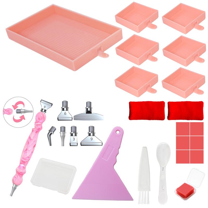 Diamond Painting Tray Tool Kit with 6 Ridged Sorting Trays Rotating Pen Wax Pads Scraper Brush Spoon Storage Box for DIY Rhinestone Crafts