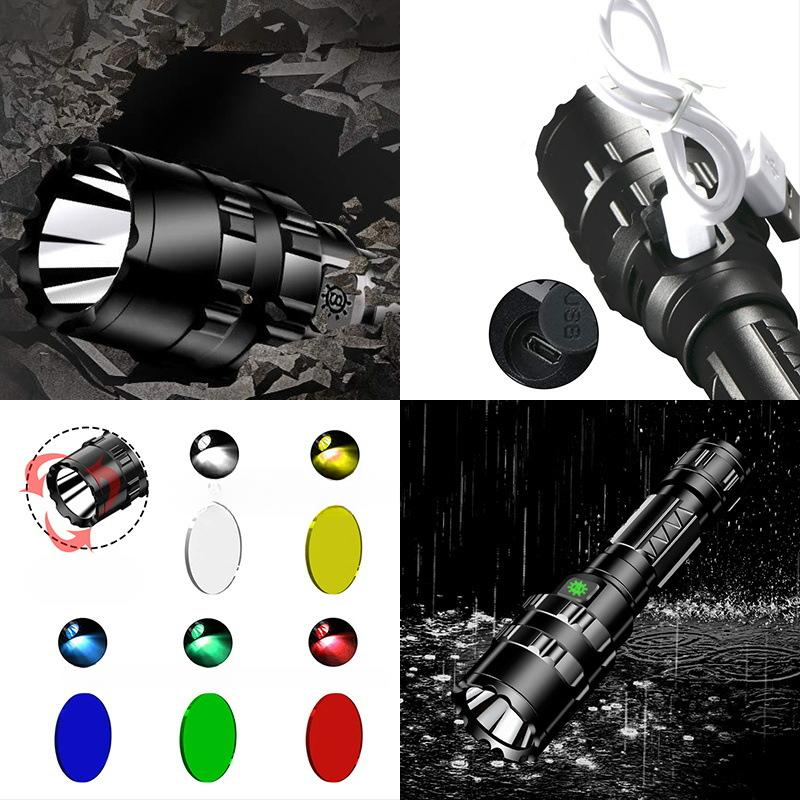 LED Tactical Hunting Flashlight USB Rechargeable Waterproof Torch Lamp