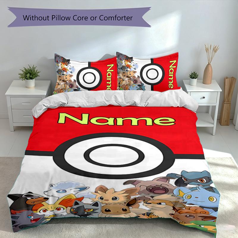3pcs Custom Name Pokémon Ash and Pikachu Bedding Set,Includes 1 Duvet Cover and 2 Pillowcases,All-season Bedroom Decor