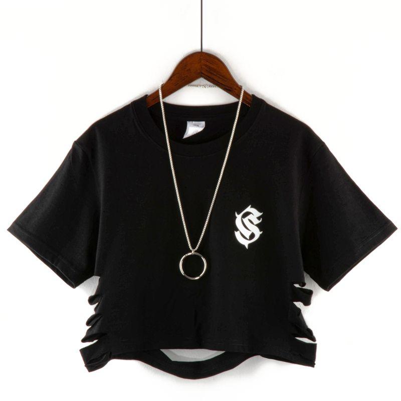 

Short-Sleeved 2022 Summer Slim-Fit Ripped Top T-shirt Black S