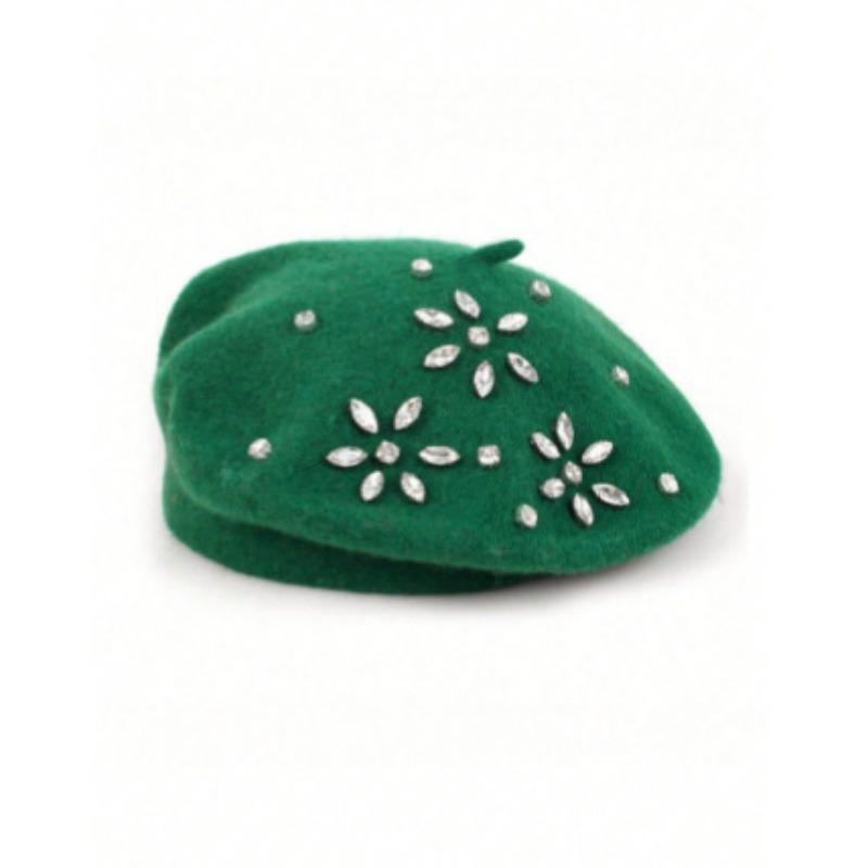 Vintage Wool Beret Flower Rhinestone Decor Women Autumn Winter Hat Multi Color
