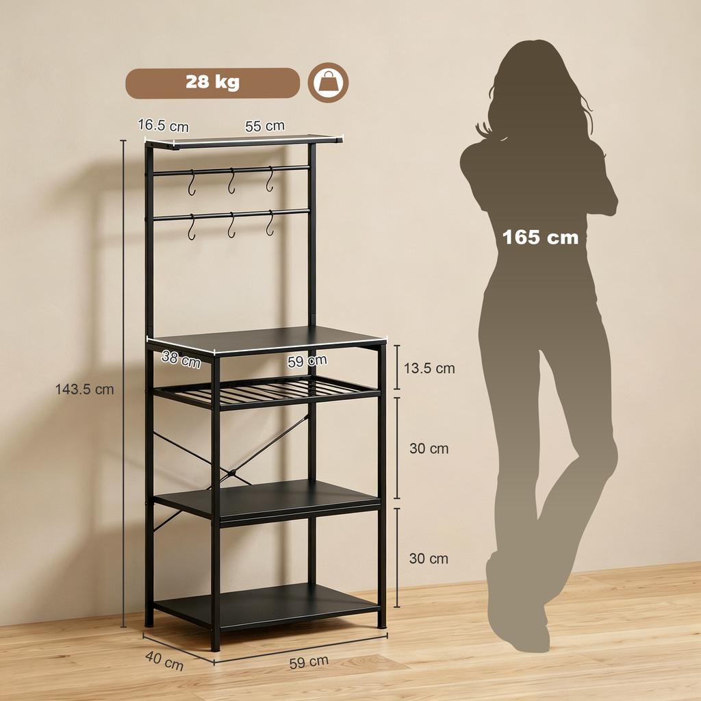 Freestanding Shelving Unit, Industrial Storage Shelf with 6 Hooks and Wine Rack for Living Room, Home Office, Black