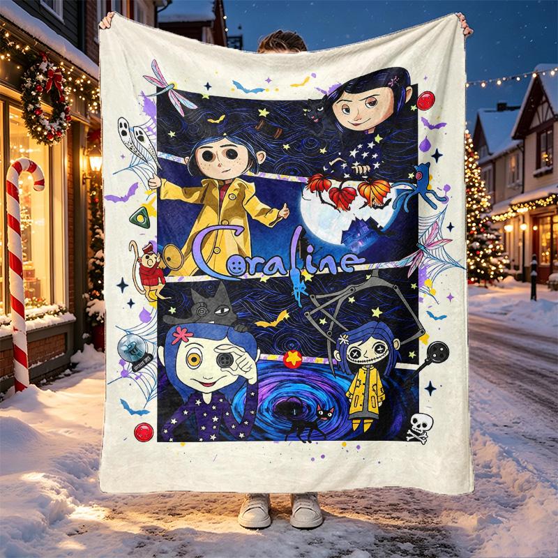 Coraline Pattern Blanket for Home Decoration, Bed, Sofa, Car Travel, Camping, Suitable for All Seasons, Birthday Christmas Gift