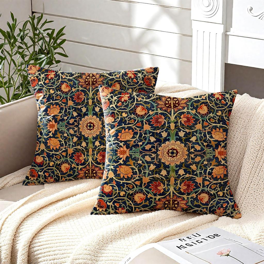 2er-Pack Dunkelgrün Rot Orange Vintage Blumige Kissenbezüge Doppelseitiger Druck Jugendstil Botanische Kissenhüllen Heimdekoration