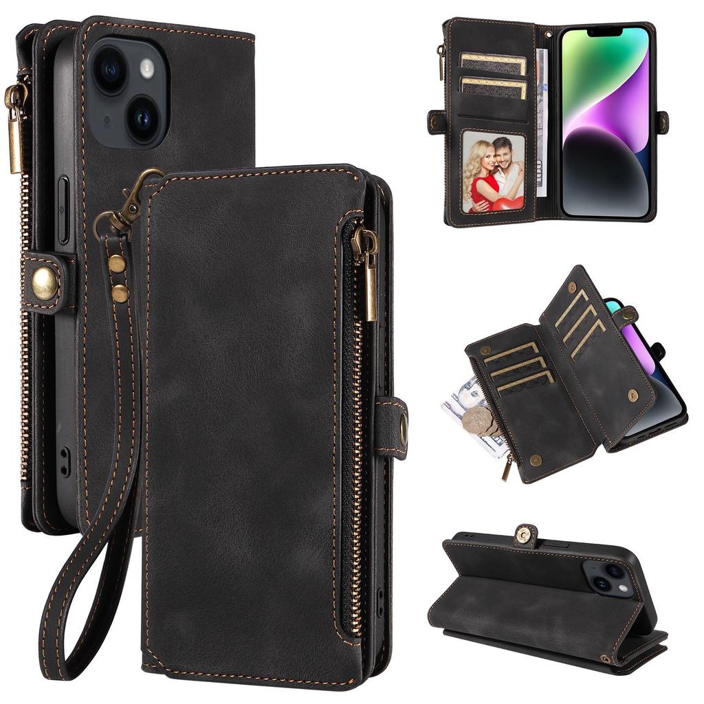 Leather flip wallet case for iPhone 15 Pro Max, Apple 14, Samsung S24 with zipper for ultimate protection.