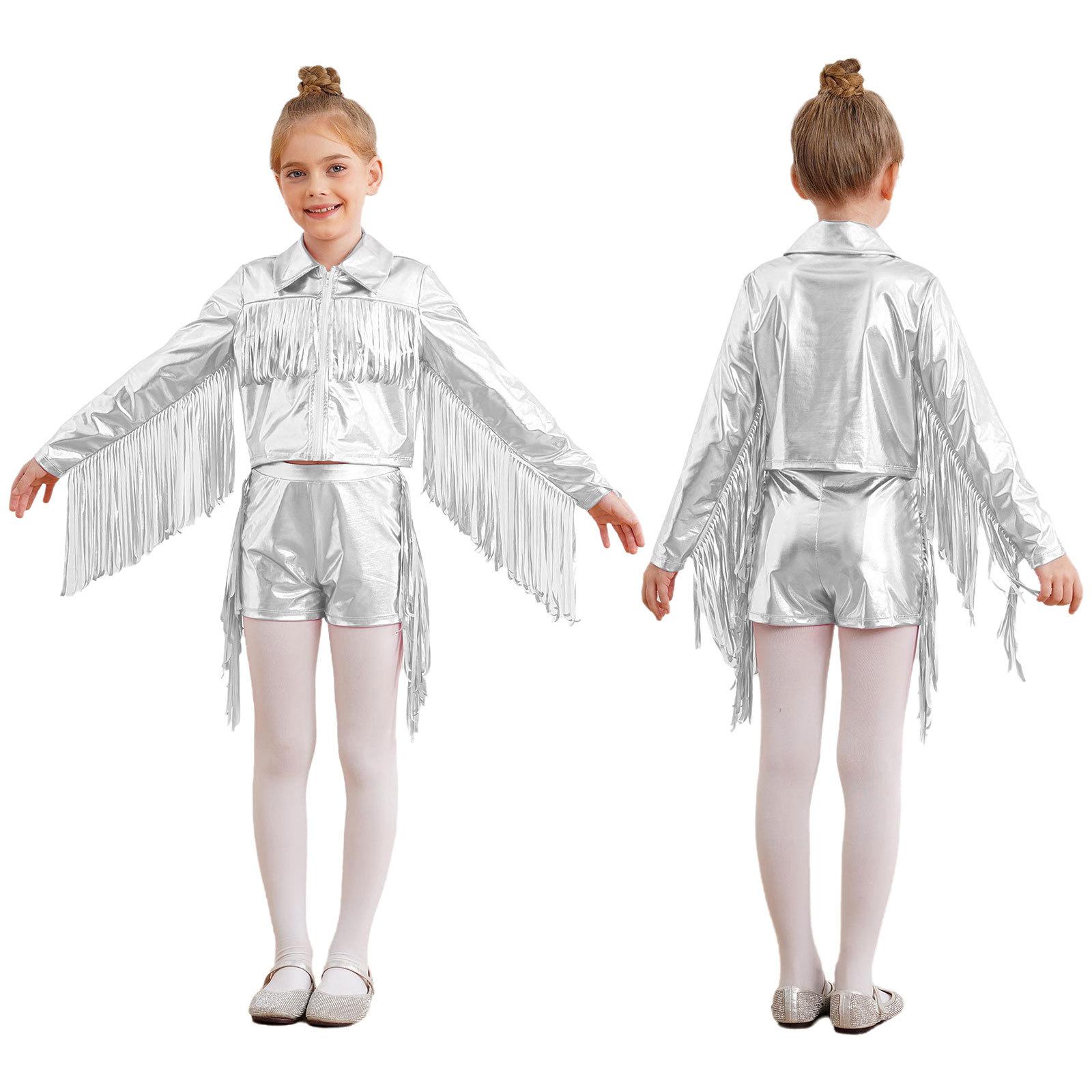 

Дівчача куртка з бахромою для танців, металевий топ з китицями, відкладний комір, довгий рукав, дизайн на блискавці, комплект для вечірки з шортами