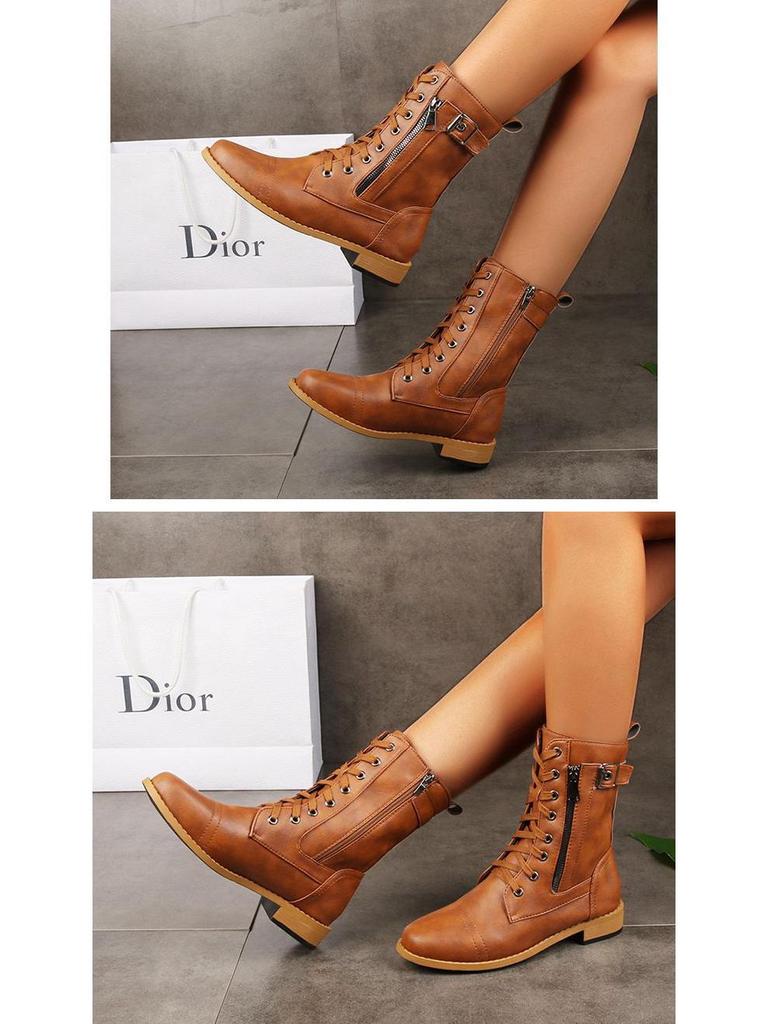 Meilaid 2025 Fall/Winter Brown Vintage Roman Women's Combat Boots with Cross Laces