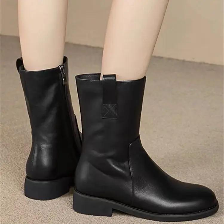 Fashion Fleece-Lined Leather Middle Heel Women's Half High Boots Cosplay New in Goth Trend 2025 Work Y2k Hot Pu 39 Ladies Mid Calf Shoes