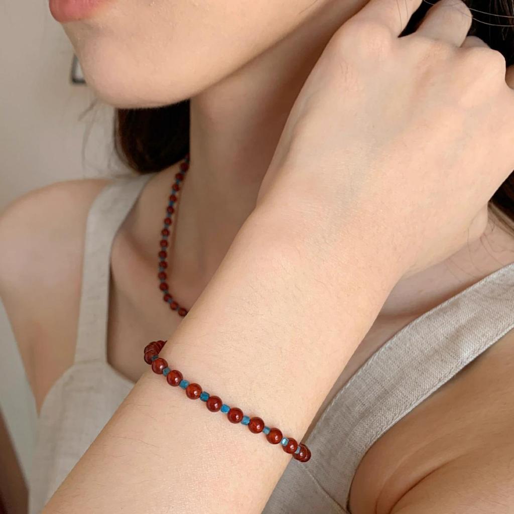 S925 Sterling Silver Chinese-Style Red Agate & Blue Apatite Floral Beaded Bracelet for Women