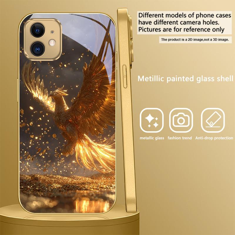 Luxurious Golden Bird For IPhone 17Pro Max 16 17 Pro 15 Pro 14 13 Plus 12 Mini 11Pro Max XR 16E 17Air Golden glass phone case