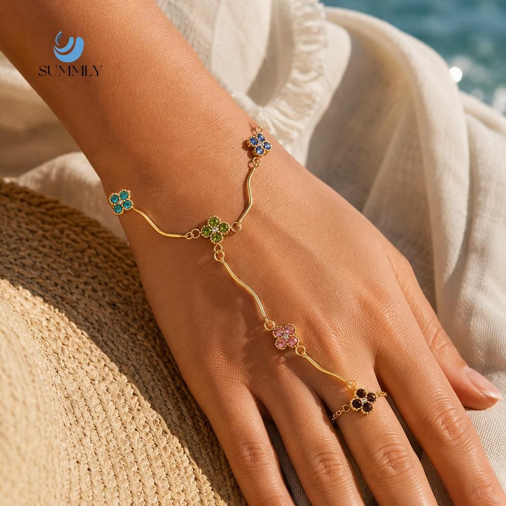 SUMMLY Colorful Four Leaf Clover Zircon Fashion Jewelry Set 18K Gold Plated Stainless Steel Bracelet for Women Vacation Gift