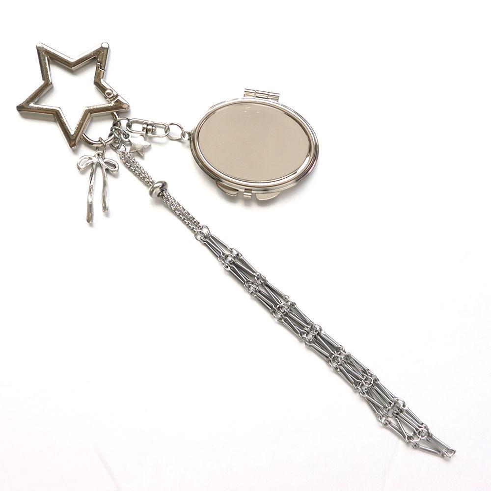 Adjustable Metal Mesh Lipstick Holder Purse Lip Gloss Bag with Makeup Mirror Keychain Pendant with Heart Star Charm for Women
