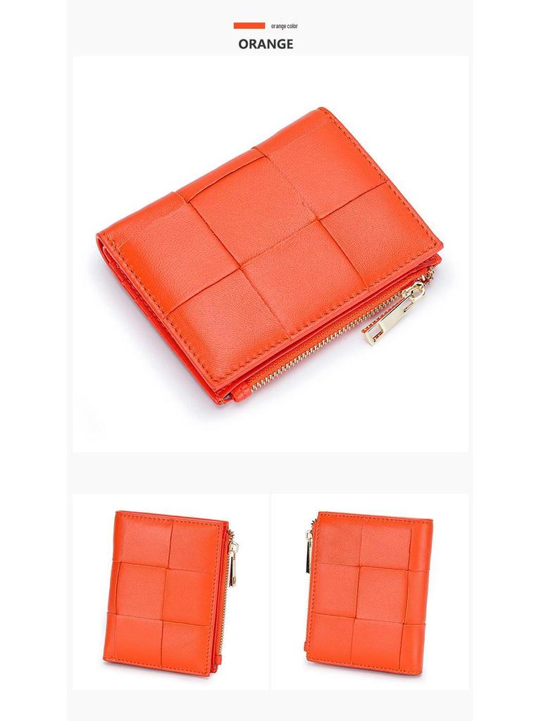 Women's Short Lambskin Woven Wallet: Foldable Card Holder & Zipper Coin Purse (2025)