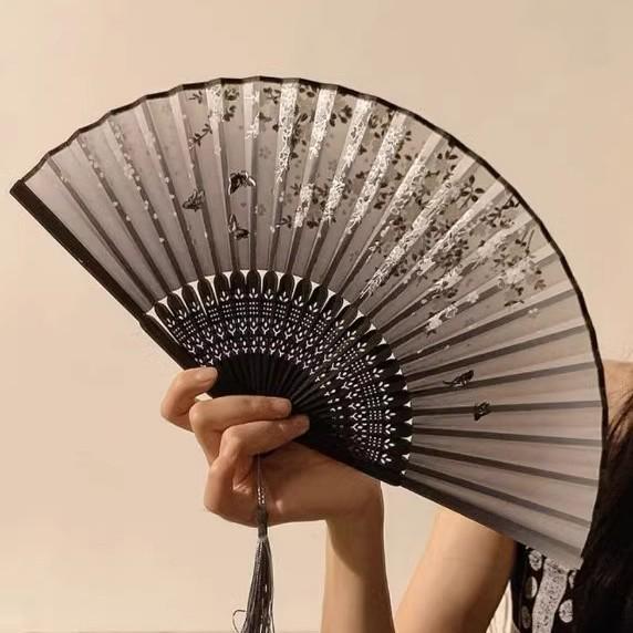 Chinese Folding Fan: Portable Black Bamboo Hanfu Dance Accessory