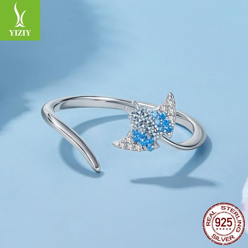 S925 Sterling Silver Blue Devil Fish Open Ring, Personalized Creative Silver Ring Jewelry