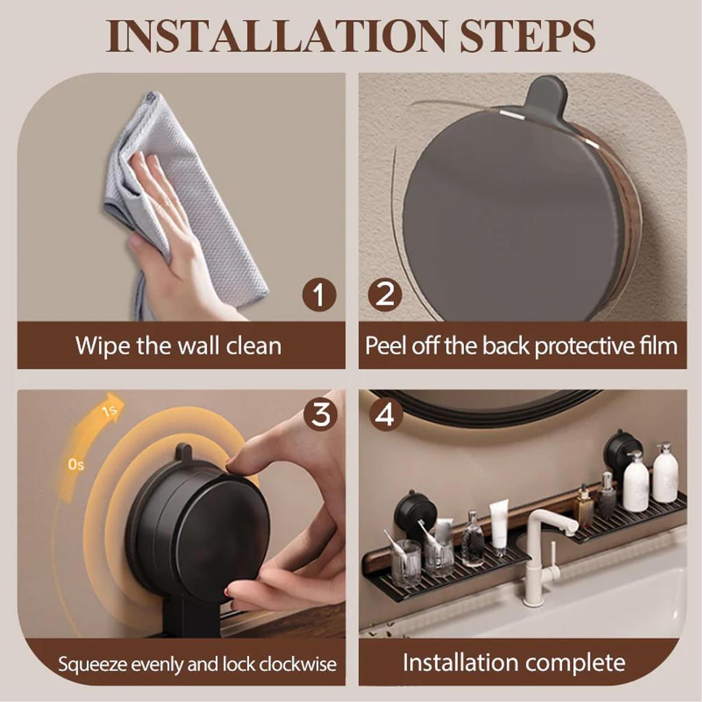 Ořechová koupelnová kuchyňská police s přísavkami, Nástěnná police nad umyvadlo nad baterii, Odnímatelné organizéry na umyvadlovou baterii, Dřevěný úložný stojan na baterie