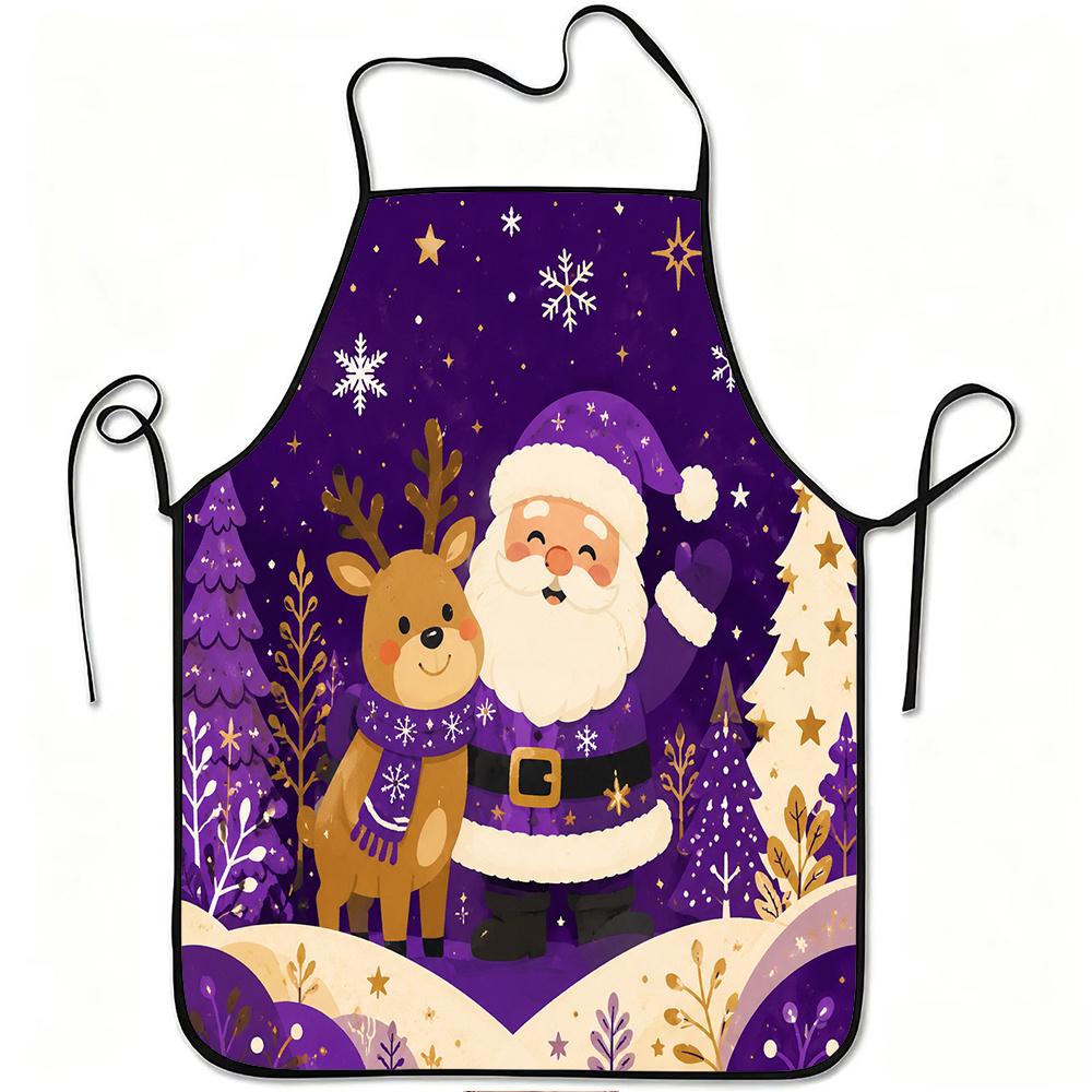 1pc Santa Claus and Reindeer Cute Print Apron, Durable and Easy to Clean, Adjustable Waistband, Polyester Material, for Kitchen Cooking, Gardening, Or