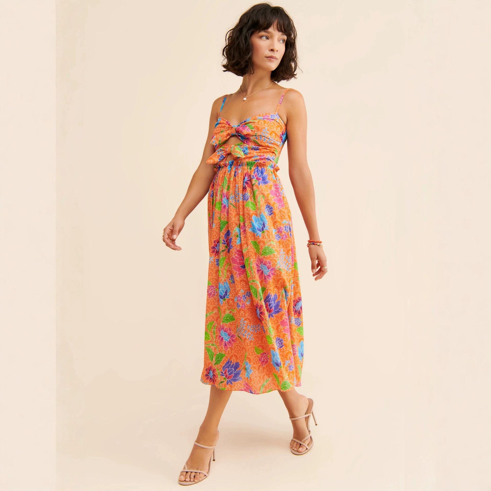 European and American sweet and spicy style bow hollow flower printing suspender dress women s waist and thin holiday style medium and long dress XS
