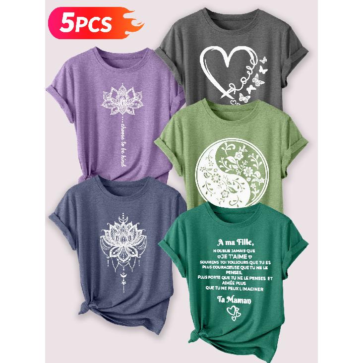 Lele Orientation Five-piece set for beautiful women T Shirt Mandala Lotus Yin-Yang Floral Heart Butterfly French Message Vintage Print Summer Casual