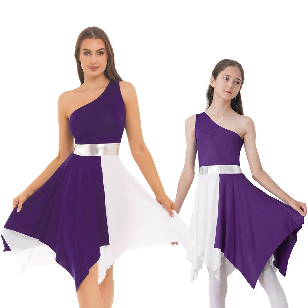 Kadın Tunik Parti Elbisesi Kolsuz Elbiseler Dans Giyim Tek Omuz Renk Bloklu Dans Elbisesi Yama İşi Dans Kostümü