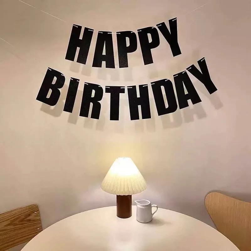 1Set Black Happy Birthday Party Banner Happy Birthday Wall Hanging Decoration Photo Prop Backdrop Decor Birthday Supplies