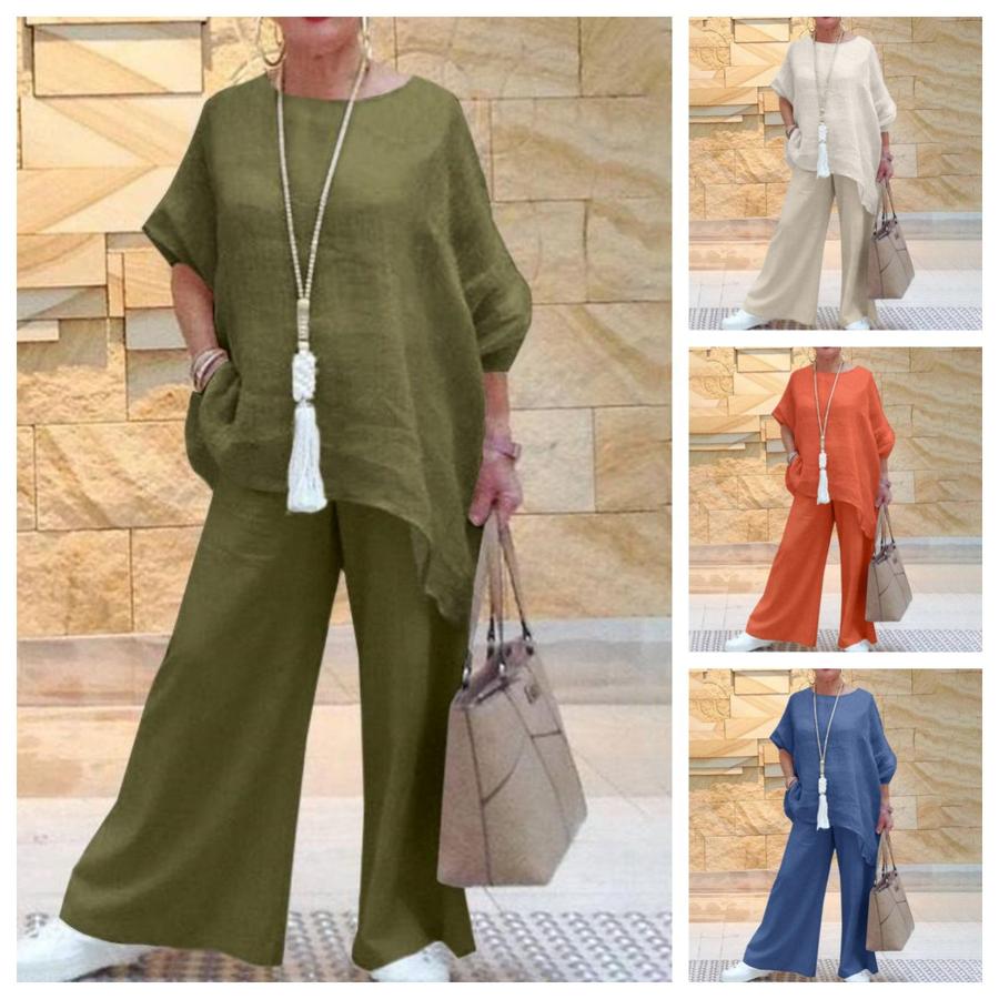 New Women's Cotton Linen Fashion Casual Plus Size Asymmetrical Long Sleeve Set Wide Leg Pants Two Piece Outfit