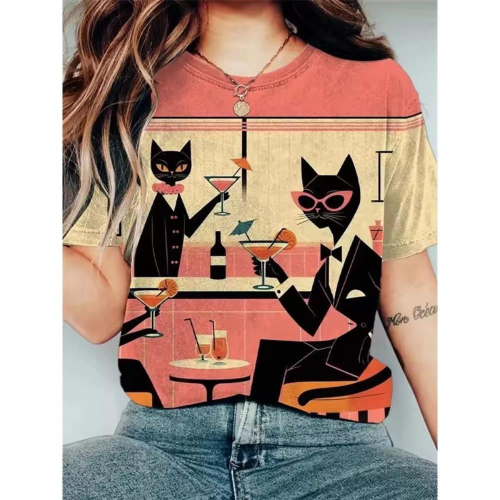 Cartoon Character Pattern Denim Print Round Neck T-shirt for Spring and Summer Casual Short Sleeved Top Women's Clothing