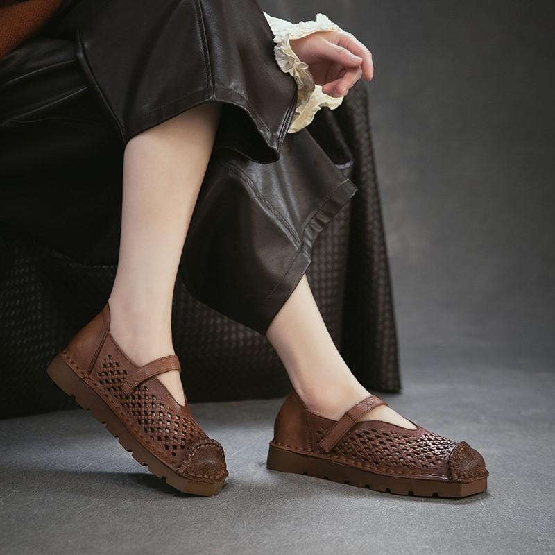 Johnature Genuine Leather Retro Hollow-out Breathable Flat Sandals Square Toe Comfortable Women's Shoes