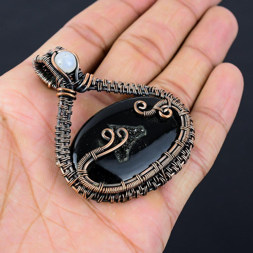Black Solar Druzy Gemstone Pure Copper Wire Wrapped Handmade Pendant Jewelry For Gift