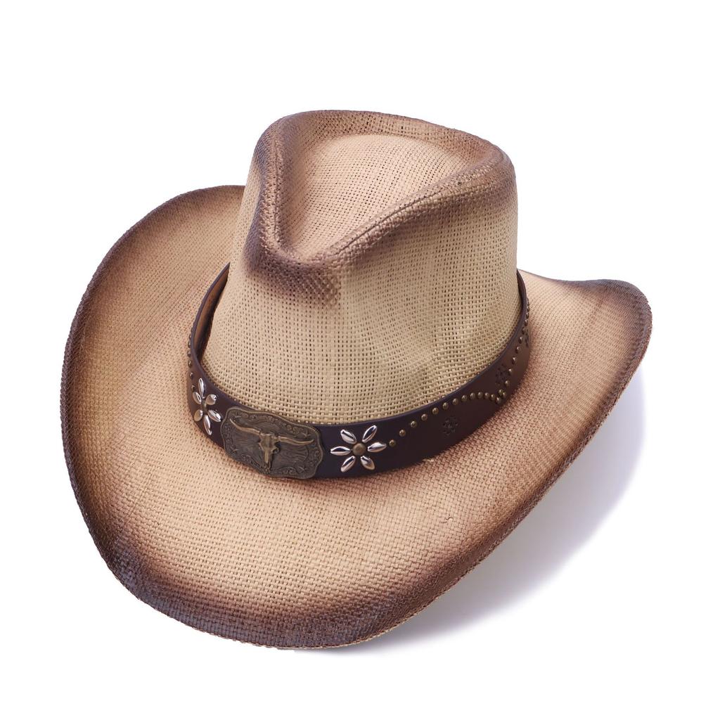 Cappello di paglia parasole a parola singola cappello di paglia cappello da cowboy jazz western etichetta testa di mucca cintura cappello decorativo