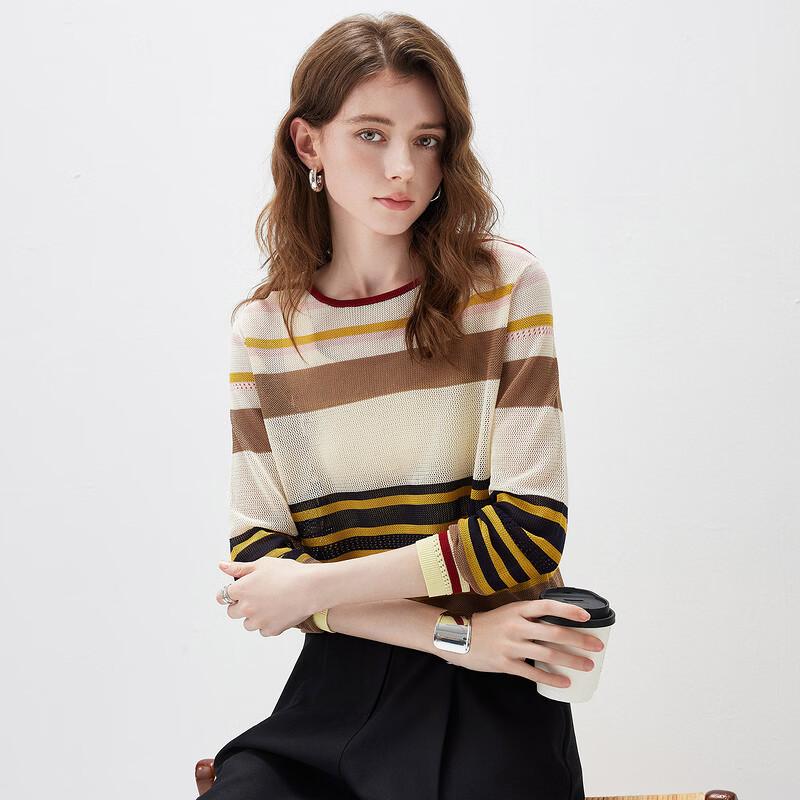 Kemengboka 2026 S/S Women s Mulberry Silk Blend Striped Knit Top XL