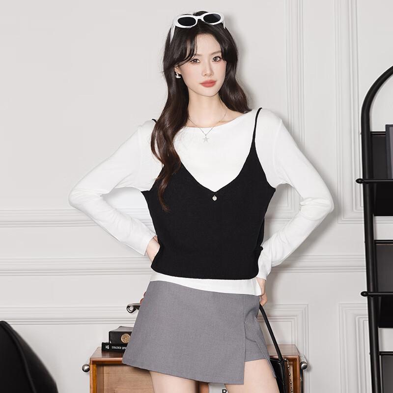 

Women s Korean Style Fake Two-Piece White Knit Top One Size