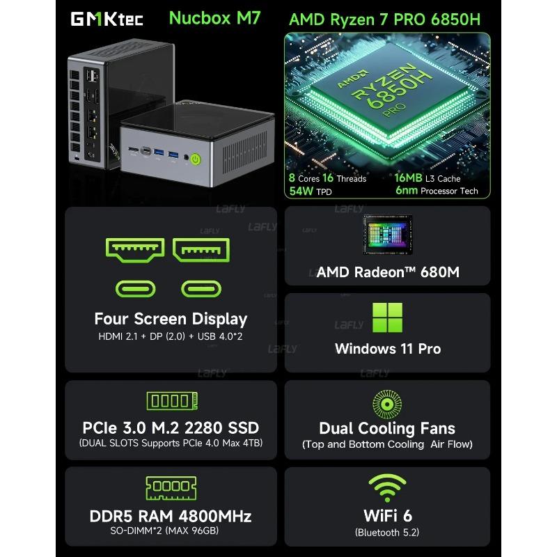 GMKtec M7 MiniPC AMD Ryzen7 PRO 6850H DDR5 4800MHz NUCBOX Windows11 Pro WiFi6 USB4.0 Pcie 3.0 NVMe Oculink Ordinateur de jeu de bureau