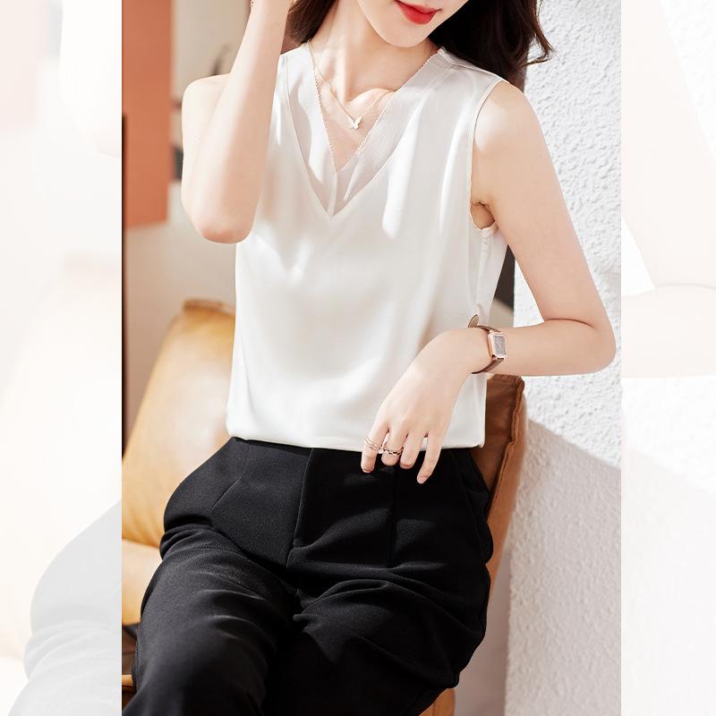 

Silk stretch satin vest shirt women s summer V-neck T-shirt fashion mulberry silk bottoming shirt top L білий