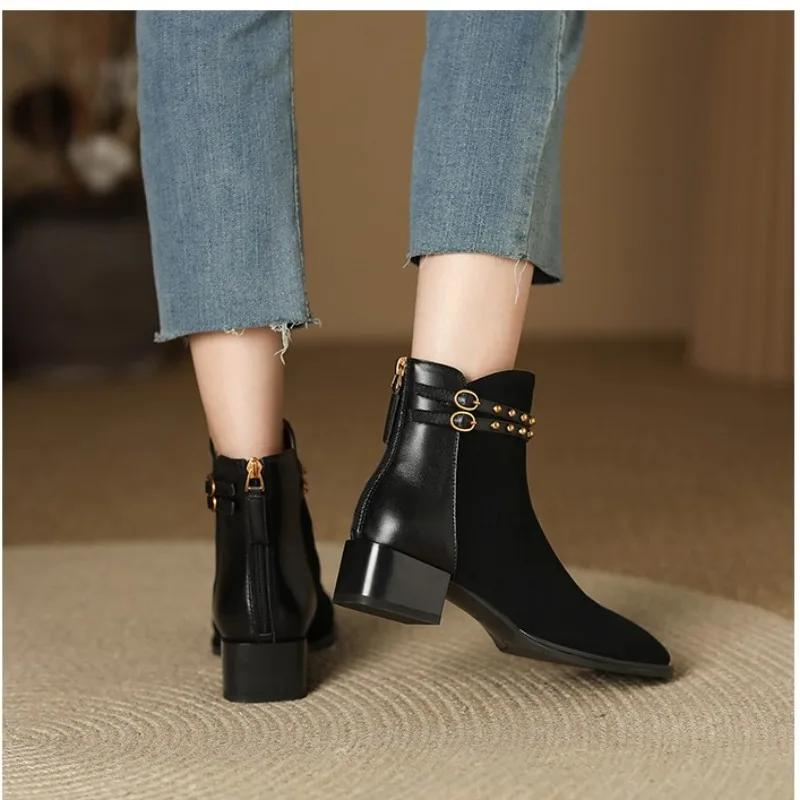 Fashion 2024 Hot Sale Women's Shoes Ankle Women's Boots Fashion Belt Buckle Office and Career New Back Zip Square Toe Shoes for Women