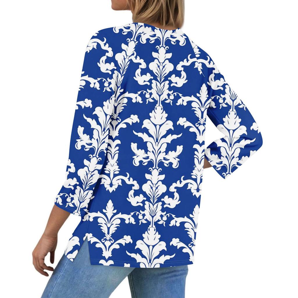 Damska Codzienna Modna Dekolt V Luźna Wszechstronna Kwiatowy Wzór Rękawy Trzyczwarte