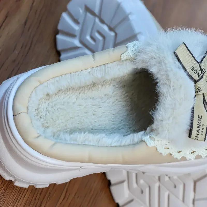 Fashion Winter Furry Women Waterproof Mules  Cotton Slippers Girl Bow Tied Furry Slippers Home Platform Warm   Slippers Ladies