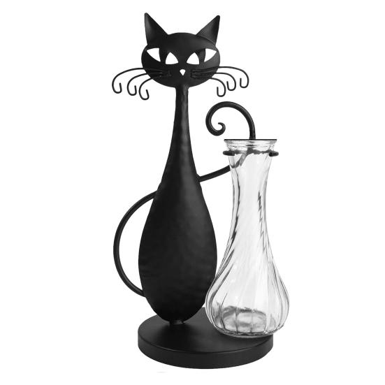 

Desktop Glass Hydroponics Planter Metal Black Cat Clear Flower Vase Modern Cat Terrarium Stand Plant Container for Home Garden Wedding Decor чорний