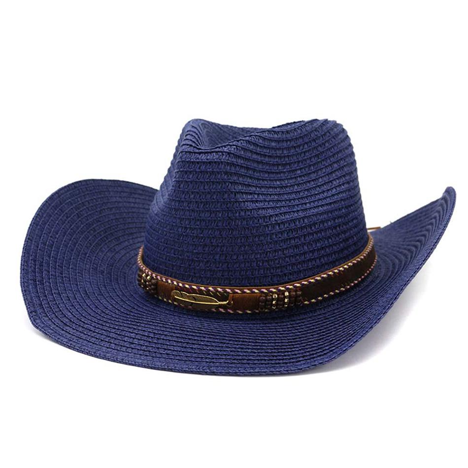 

Coffee Sun Hats for Men Women Straw Cowboy Hat Wide Brim Panama Beach Summer Hat Brand Vintage Decoration Fedora Caps Black 56-58 cm темно-синього кольору