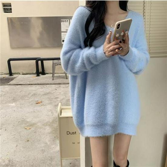 2025 Women's Mid-Length Faux Mink Sweater - Soft, Loose, Long Sleeve, Lazy Style for Autumn and Winter