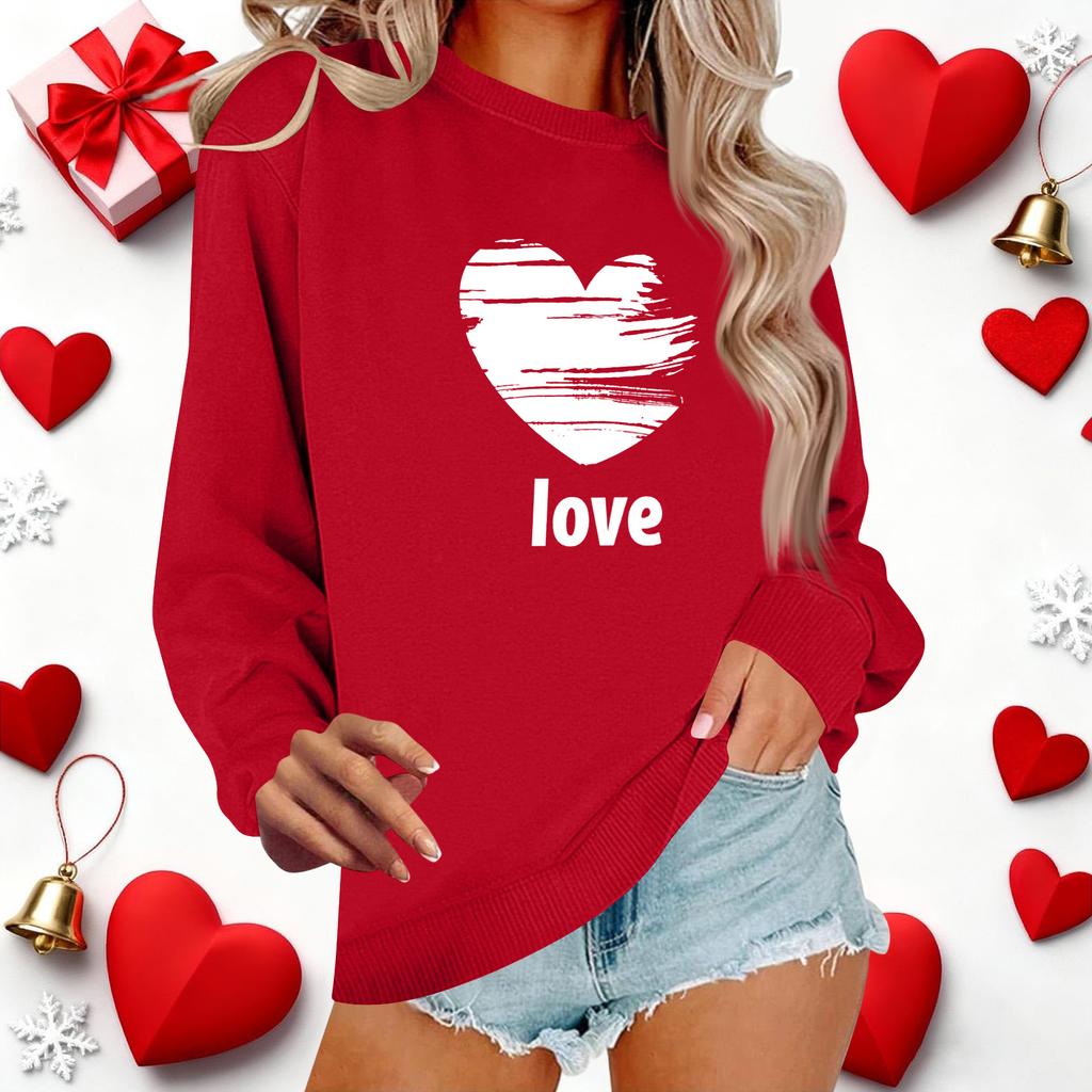 Lässiges Pullover-Oberteil mit Rundhalsausschnitt und langen Ärmeln für Damen mit Valentinstags-Print